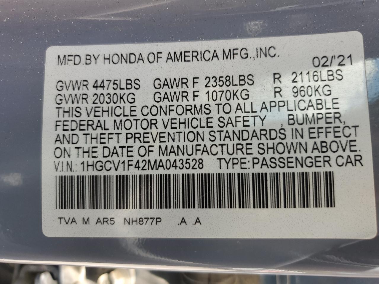 2021 Honda Accord Sport Se VIN: 1HGCV1F42MA043528 Lot: 65083225