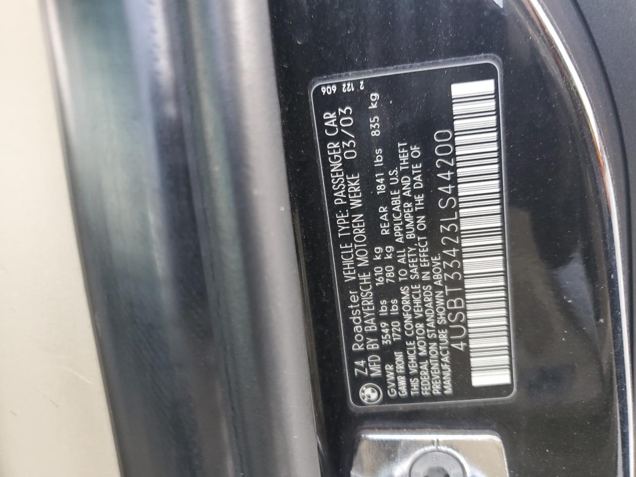 2003 BMW Z4 2.5 VIN: 4USBT33423LS44200 Lot: 63373935