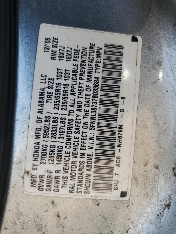2007 Honda Odyssey Exl VIN: 5FNRL38737B033684 Lot: 60602725