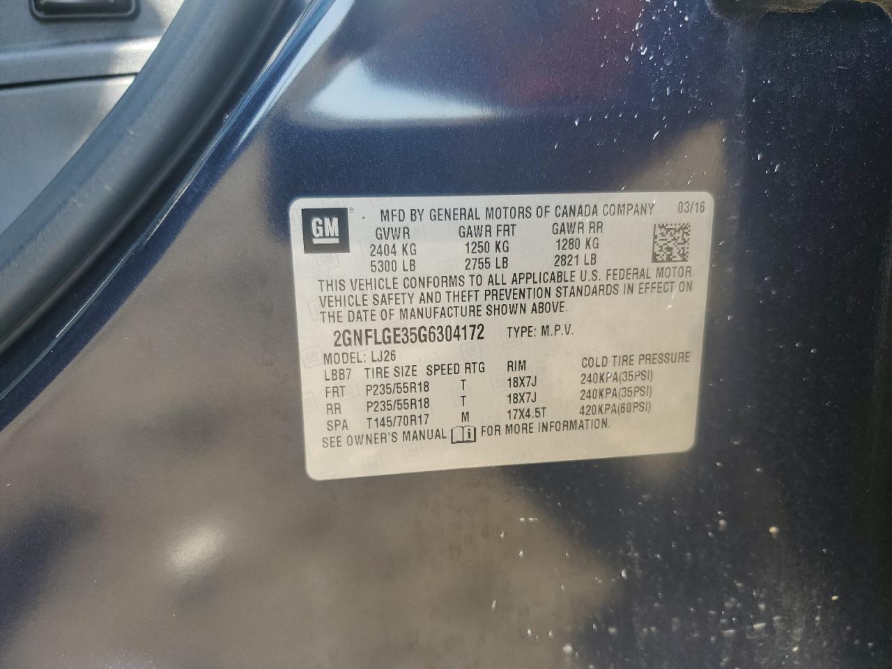 2016 Chevrolet Equinox Ltz VIN: 2GNFLGE35G6304172 Lot: 65035675