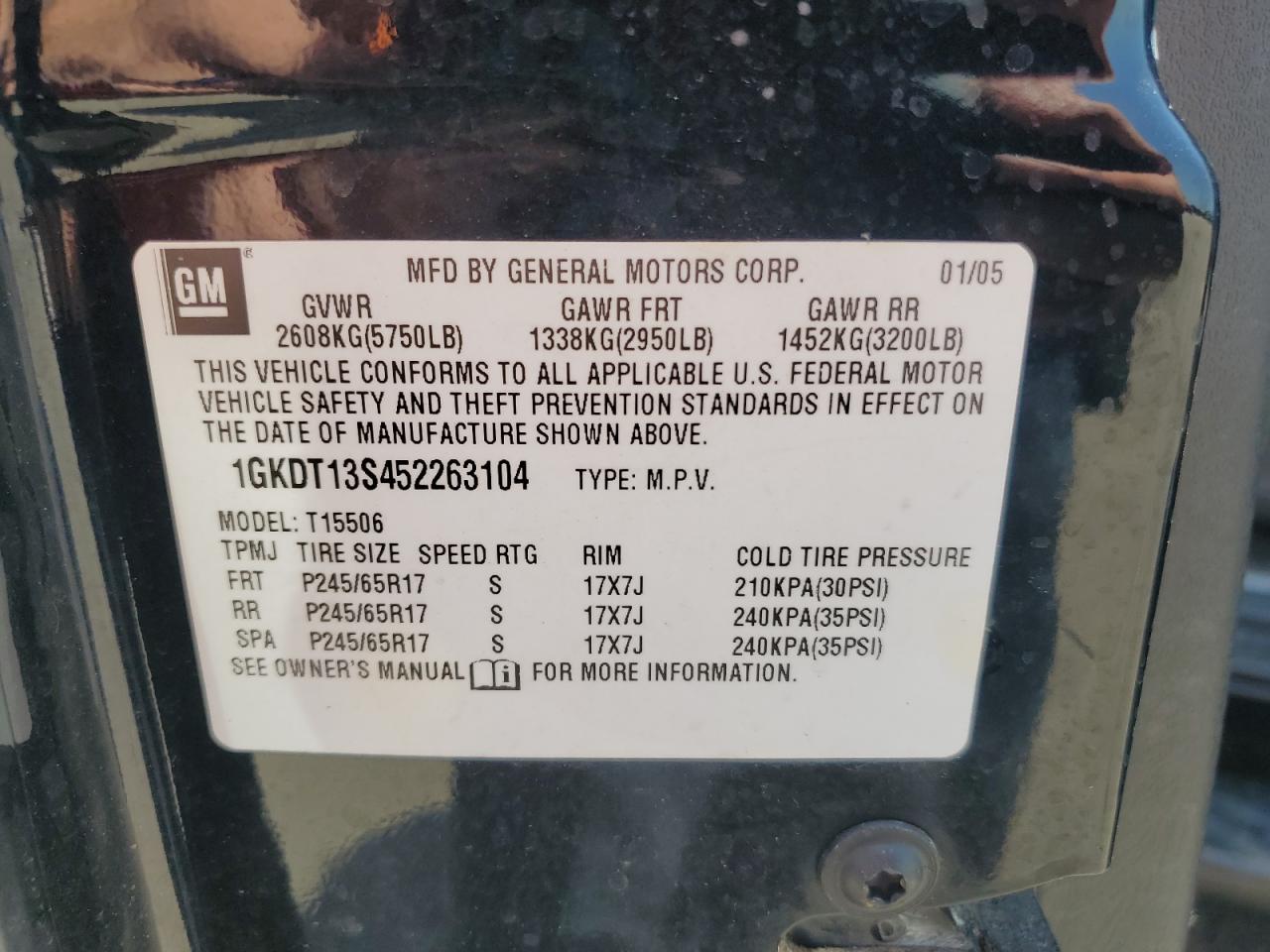 2005 GMC Envoy VIN: 1GKDT13S452263104 Lot: 64104875