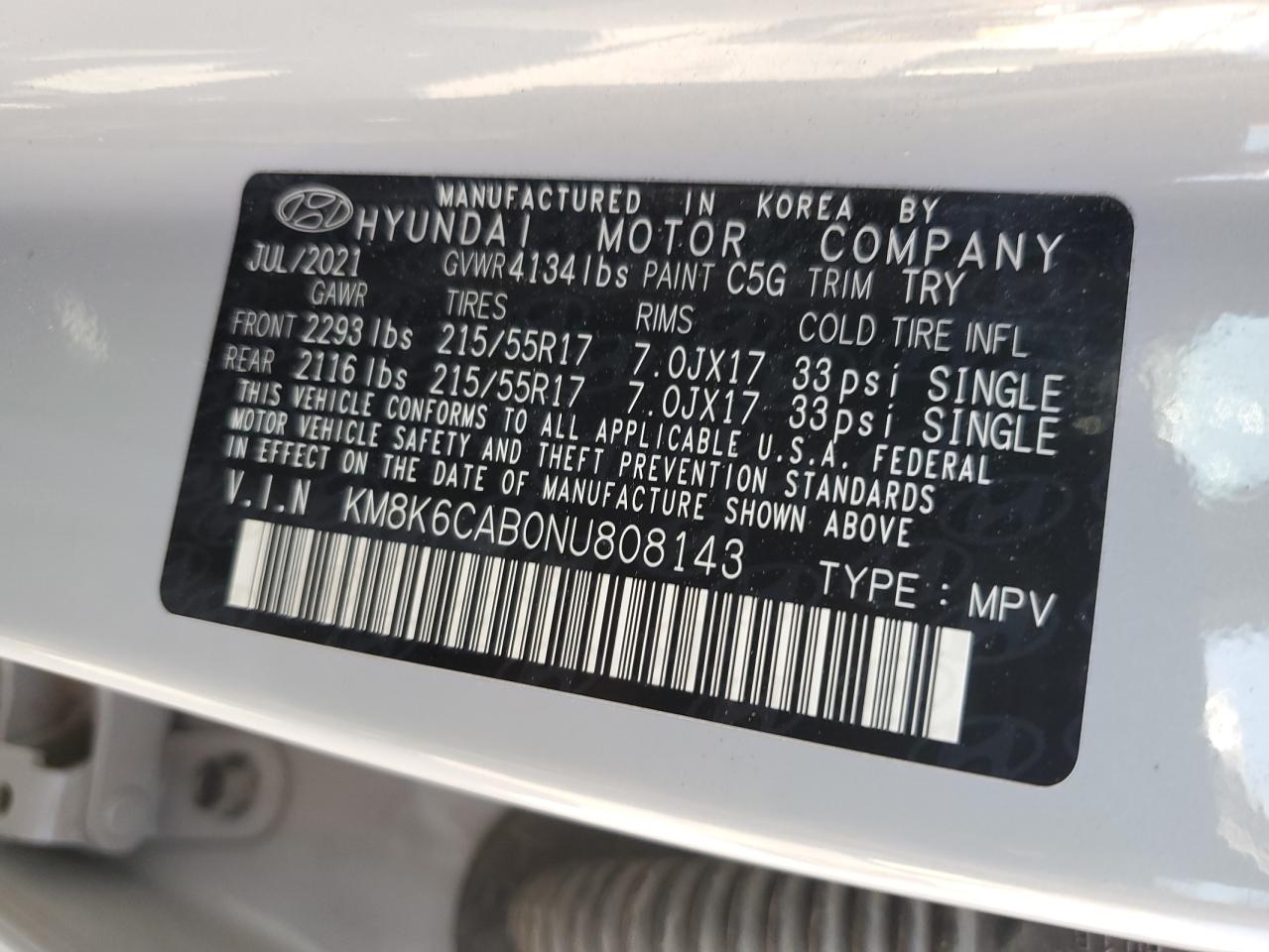 2022 Hyundai Kona Sel VIN: KM8K6CAB0NU808143 Lot: 62771295