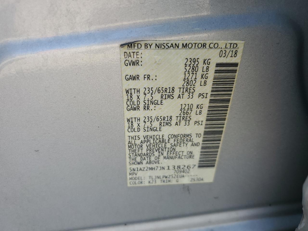 2018 Nissan Murano S VIN: 5N1AZ2MH7JN138267 Lot: 63647965