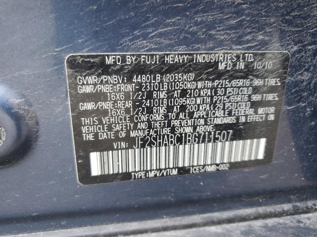 2011 Subaru Forester 2.5X VIN: JF2SHABC1BG711507 Lot: 64486475