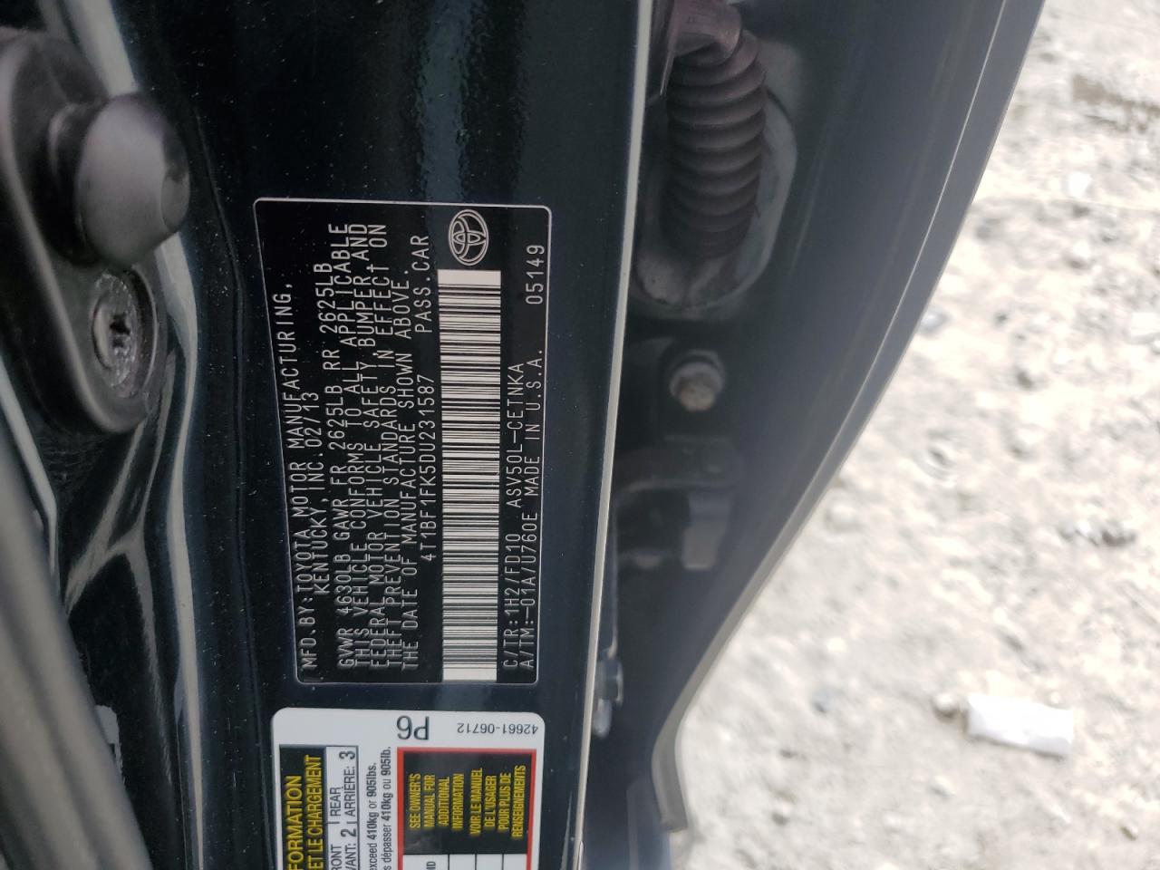 4t1bf1fk5du231587 4T1BF1FK5DU231587 2013 Toyota Camry L