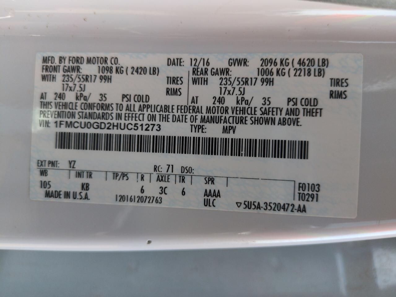 2017 Ford Escape Se VIN: 1FMCU0GD2HUC51273 Lot: 62913065