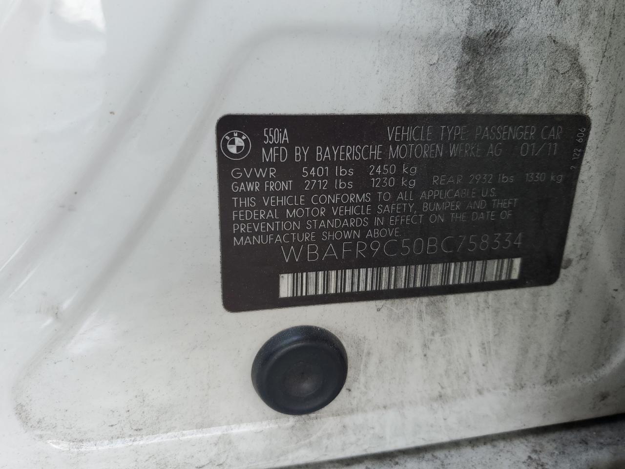 2011 BMW 550 I VIN: WBAFR9C50BC758334 Lot: 66036195