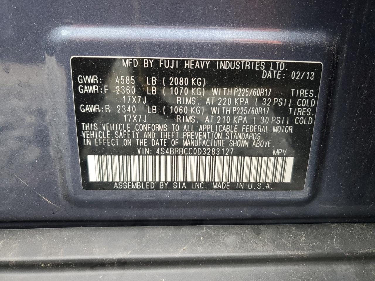 2013 Subaru Outback 2.5I Premium VIN: 4S4BRBCC0D3283127 Lot: 62704235