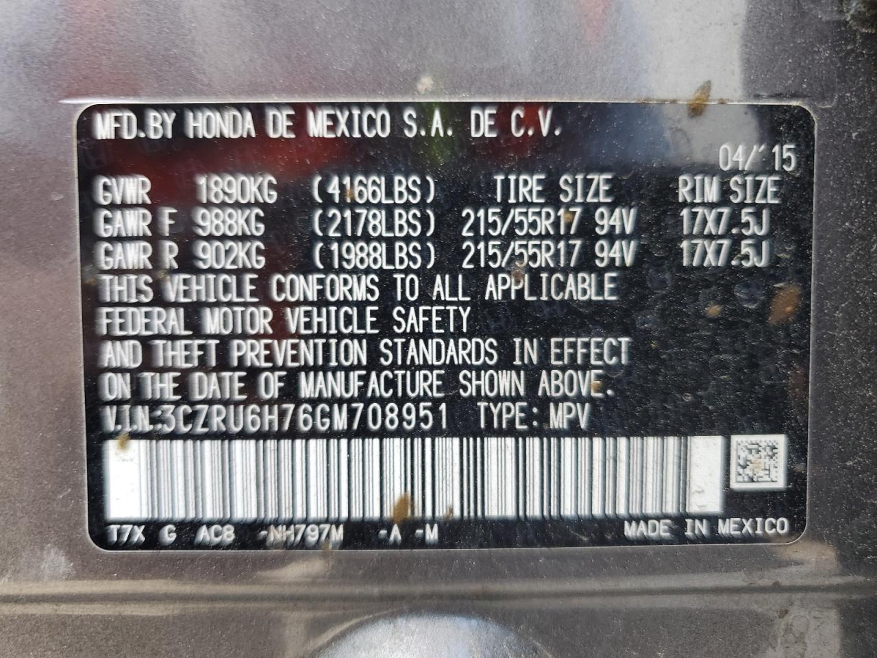 2016 Honda Hr-V Exl VIN: 3CZRU6H76GM708951 Lot: 65072595