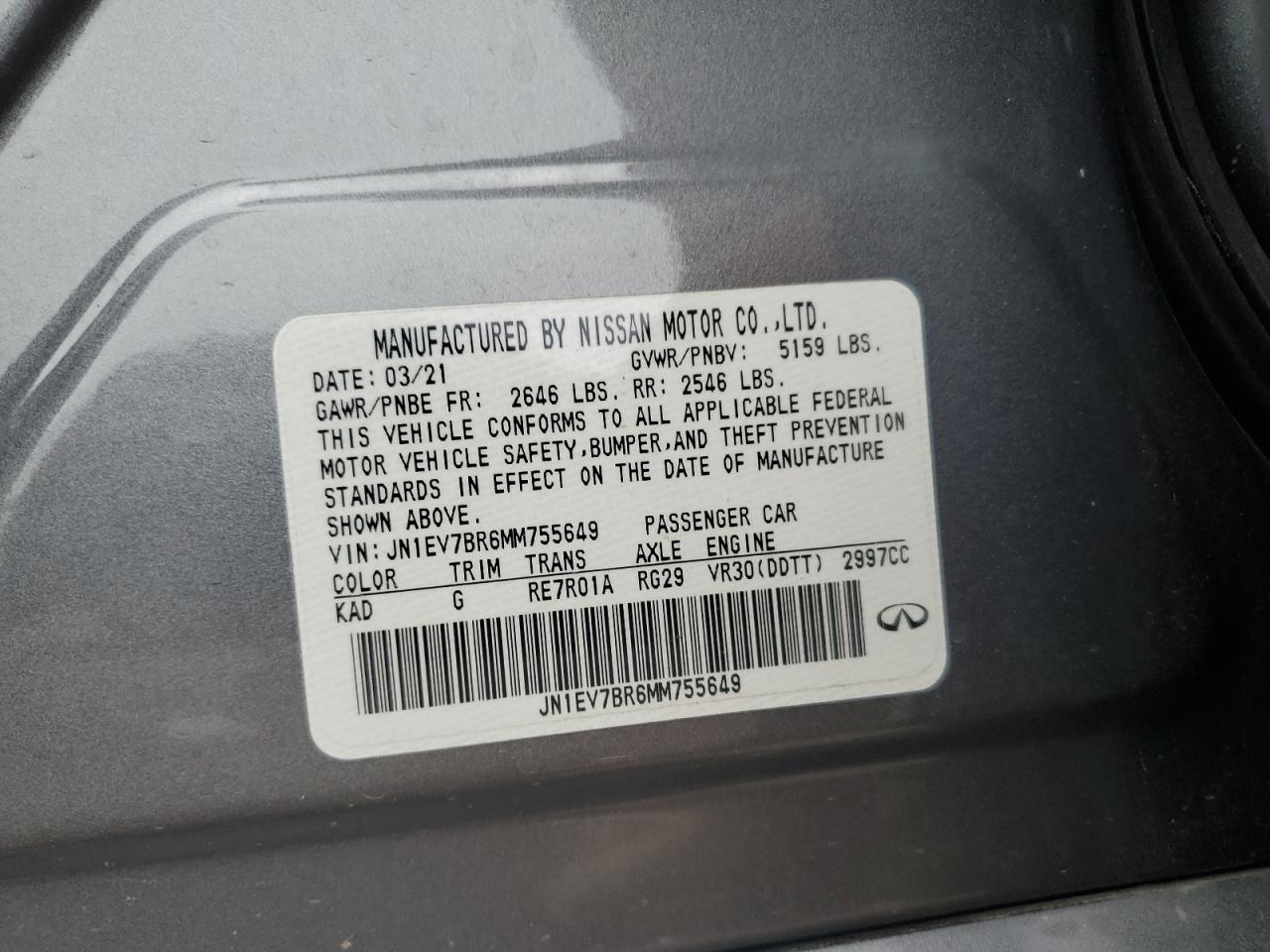 2021 Infiniti Q50 Luxe VIN: JN1EV7BR6MM755649 Lot: 64757135