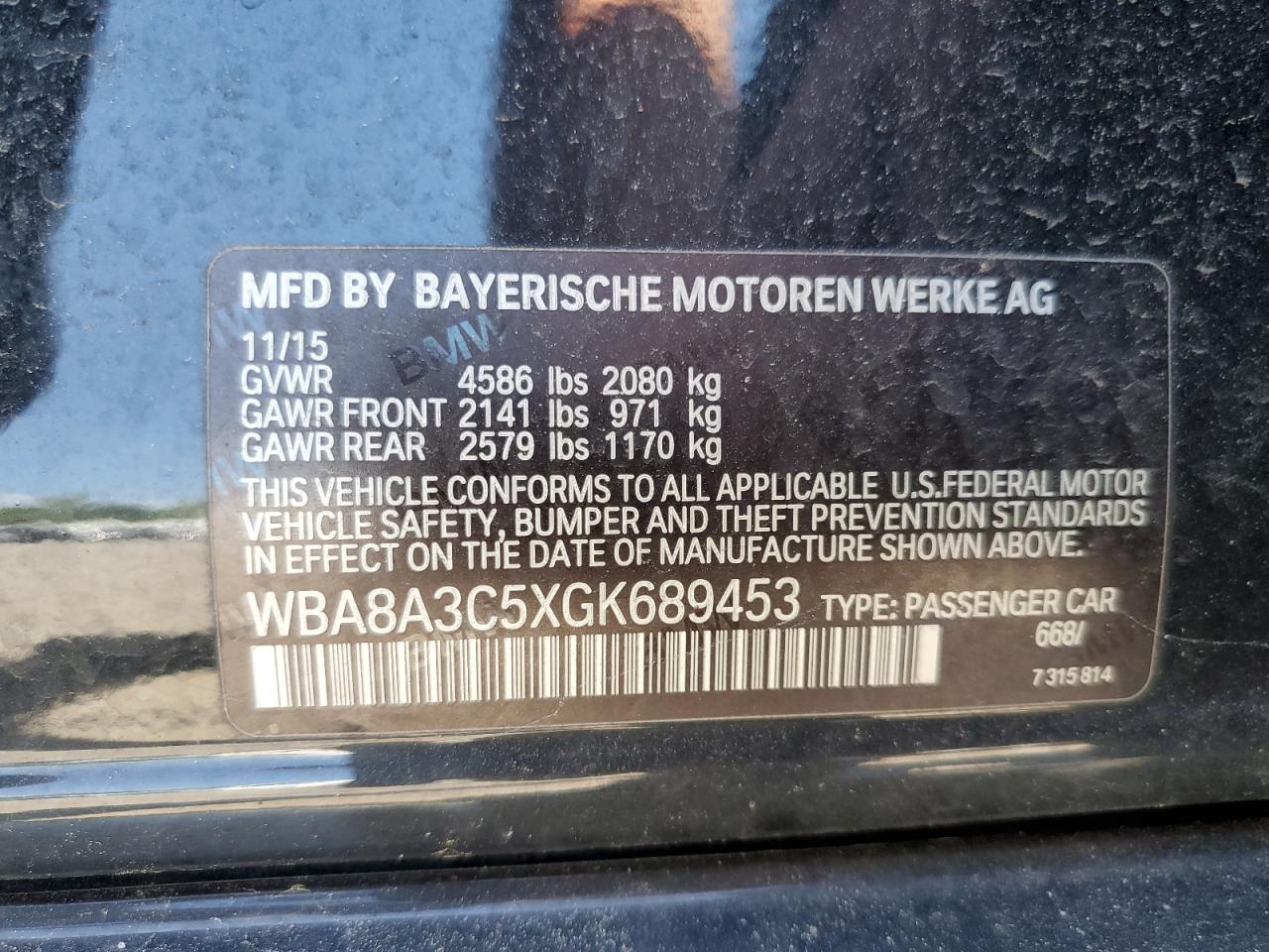 2016 BMW 320 Xi VIN: WBA8A3C5XGK689453 Lot: 64400555