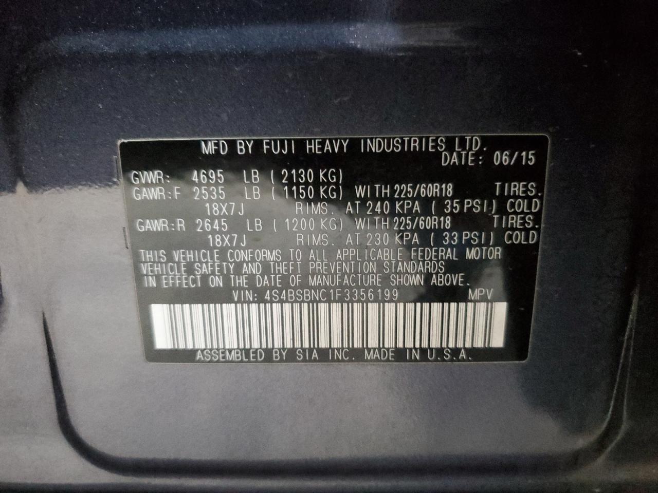 2015 Subaru Outback 2.5I Limited VIN: 4S4BSBNC1F3356199 Lot: 64776085