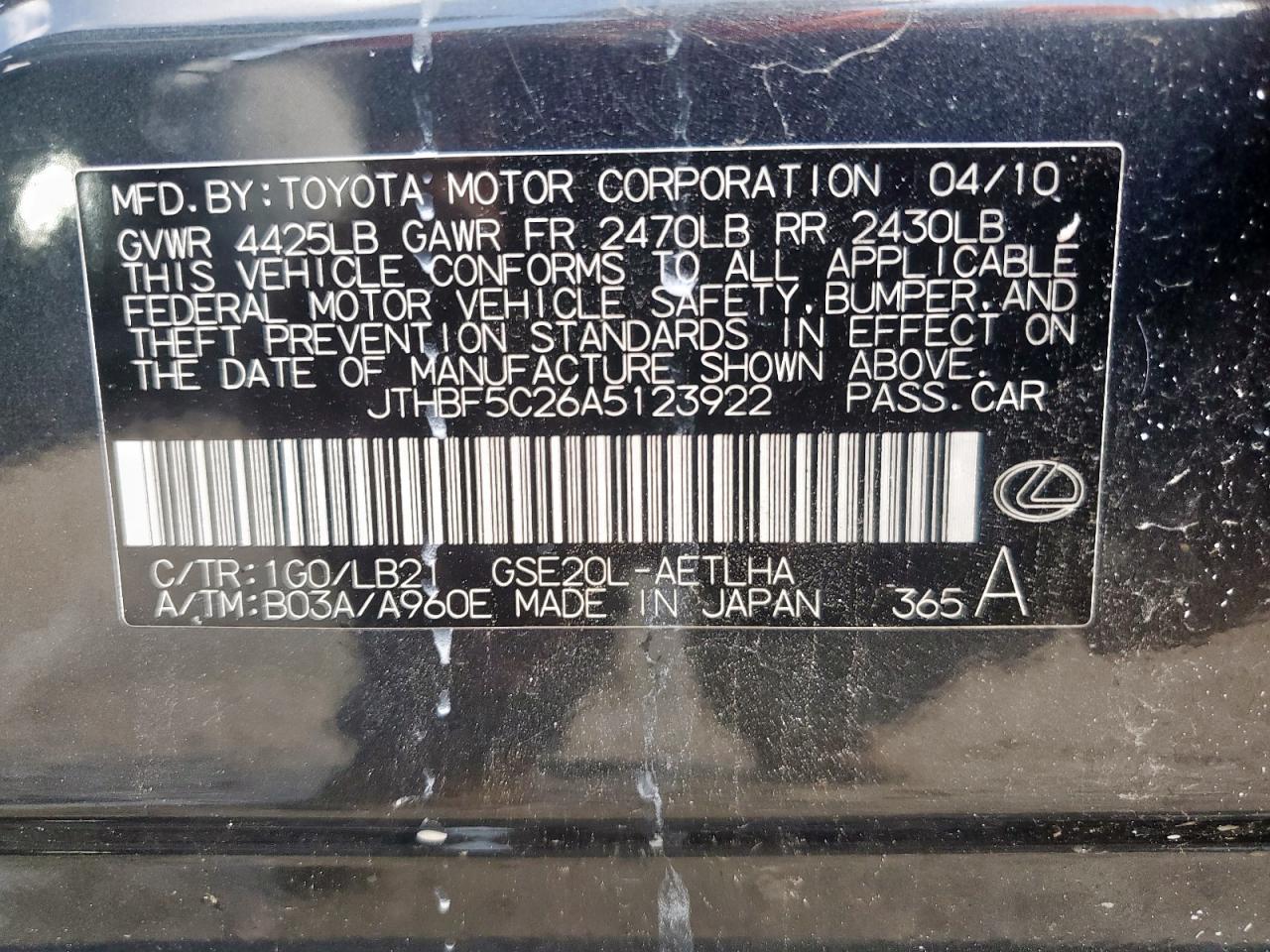 2010 Lexus Is 250 VIN: JTHBF5C26A5123922 Lot: 64084835