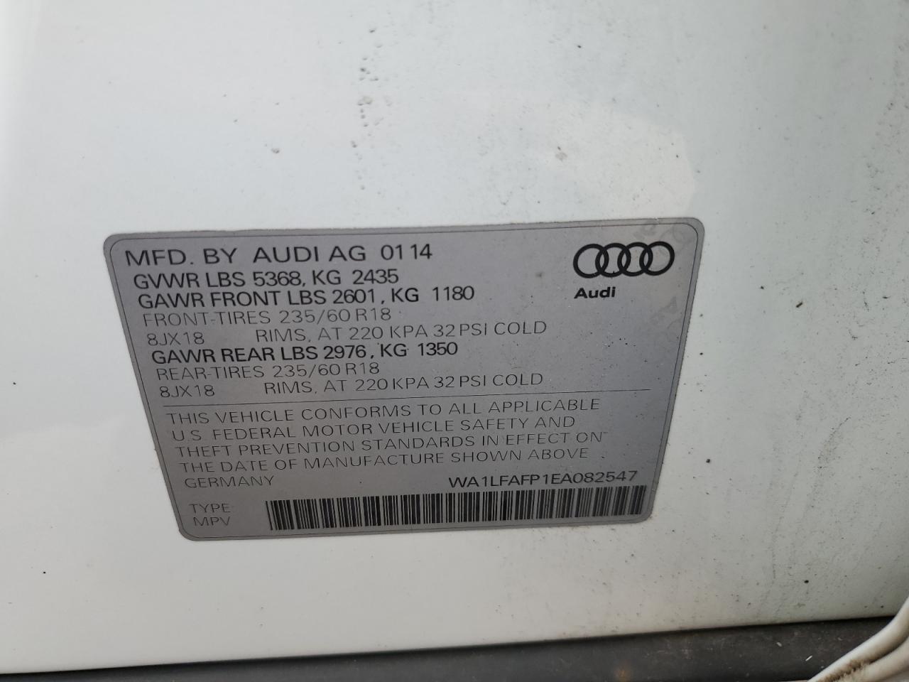 2014 Audi Q5 Premium Plus VIN: WA1LFAFP1EA082547 Lot: 63072075