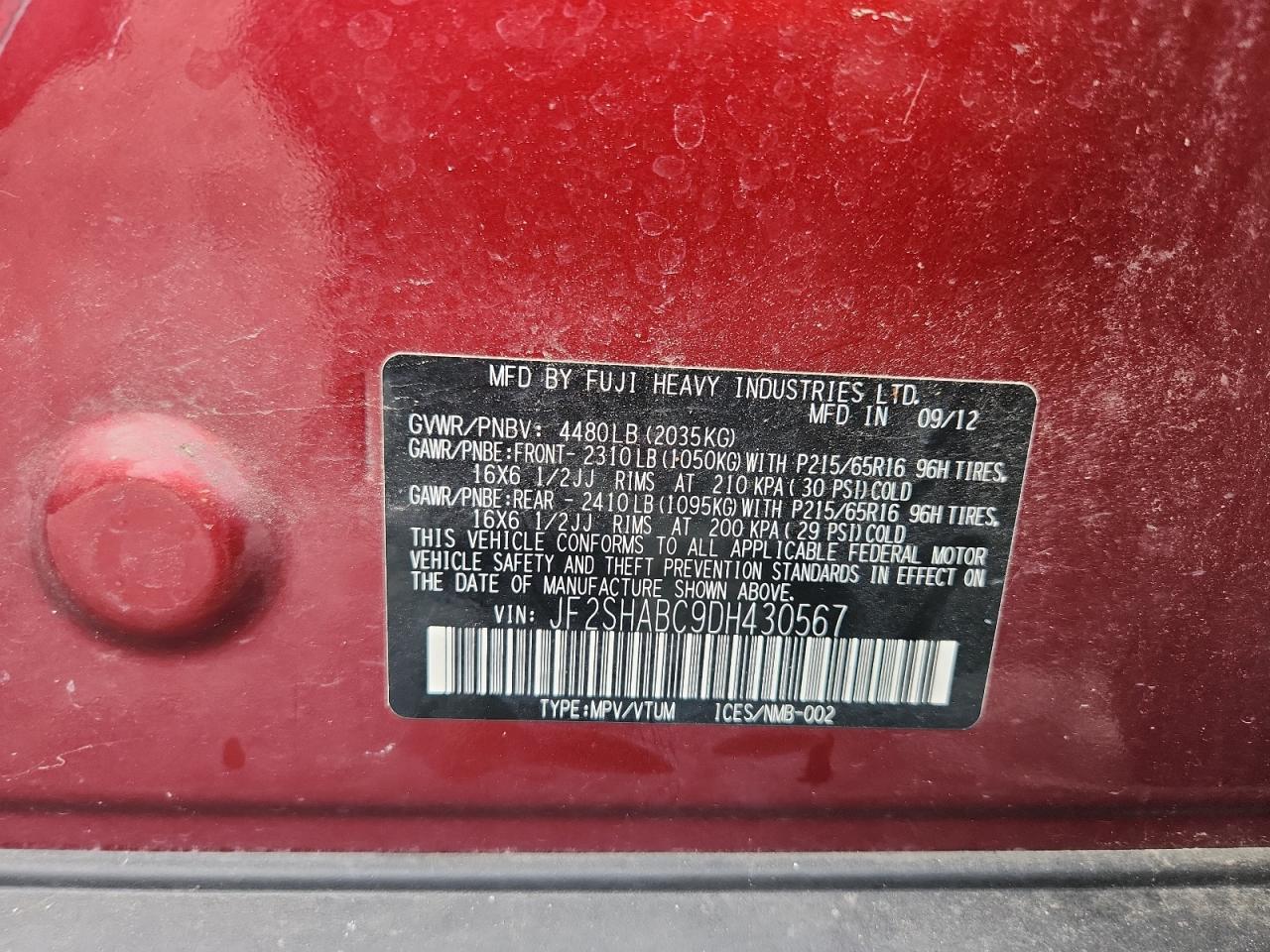 2013 Subaru Forester 2.5X VIN: JF2SHABC9DH430567 Lot: 64568835