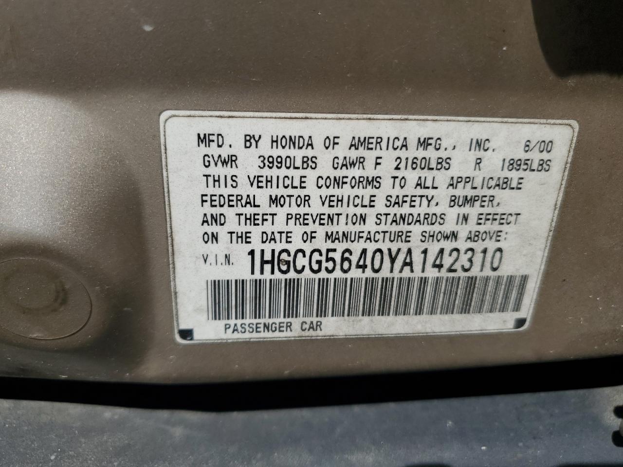 2000 Honda Accord Lx VIN: 1HGCG5640YA142310 Lot: 60415595