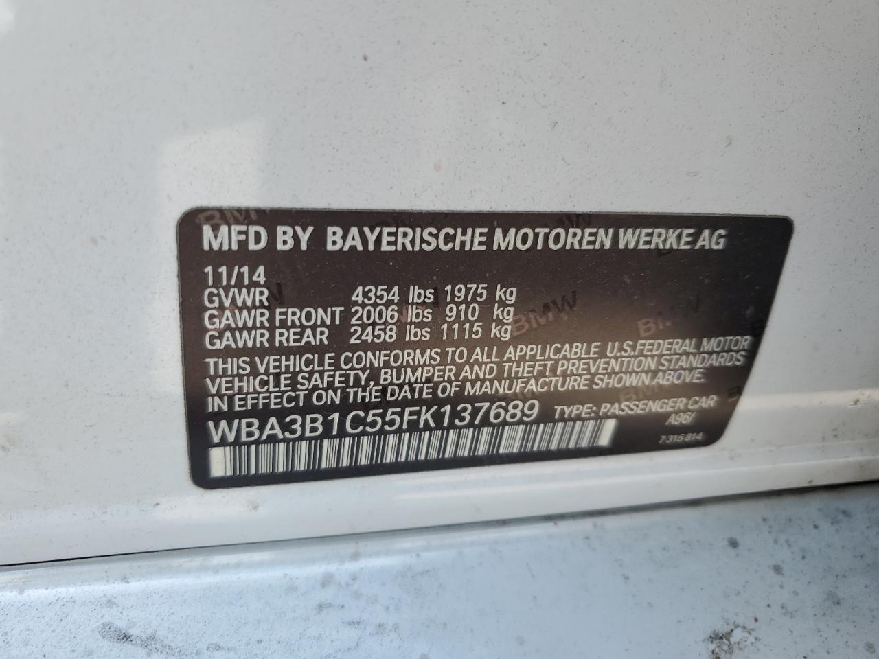 2015 BMW 320 I VIN: WBA3B1C55FK137689 Lot: 64137805