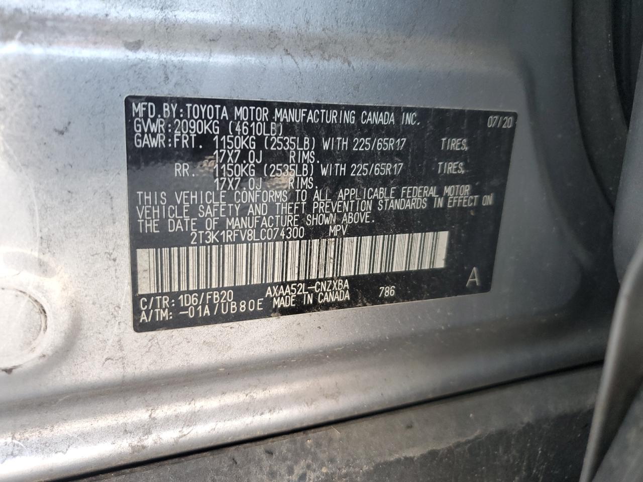 2020 Toyota Rav4 Le VIN: 2T3K1RFV8LC074300 Lot: 65372645