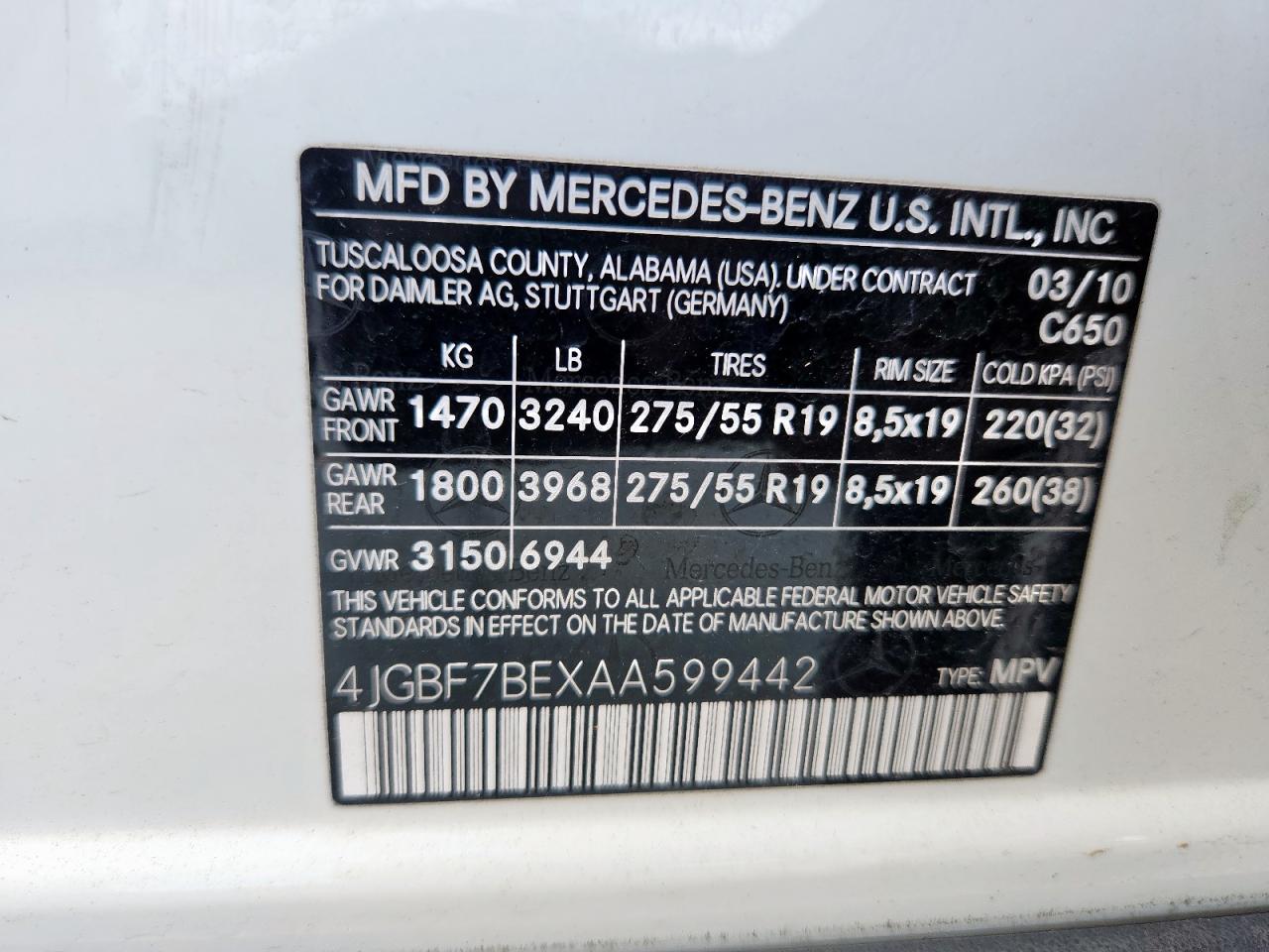 2010 Mercedes-Benz Gl 450 4Matic VIN: 4JGBF7BEXAA599442 Lot: 64369065