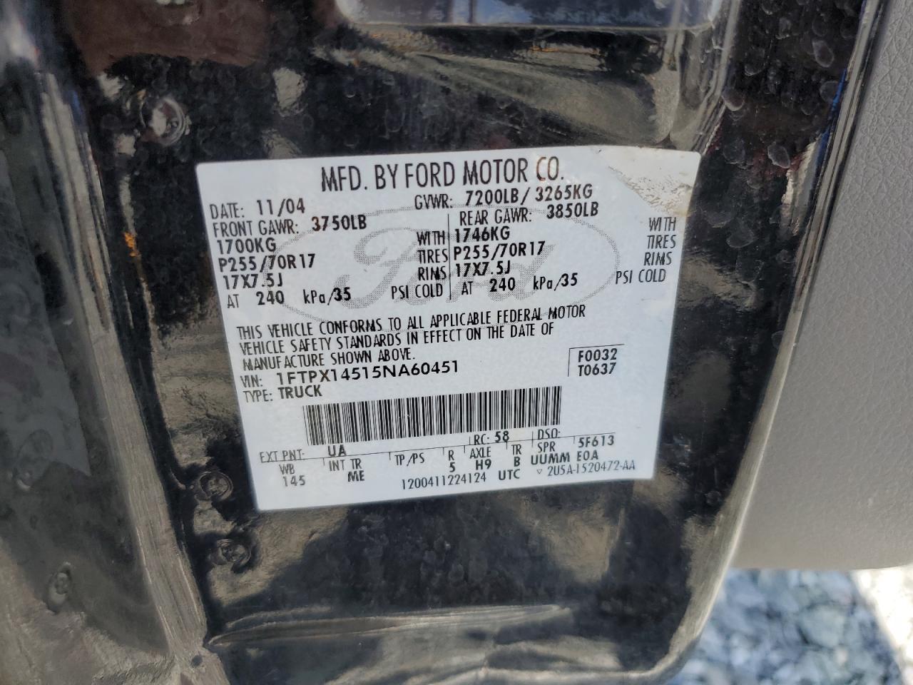 2005 Ford F150 VIN: 1FTPX14515NA60451 Lot: 64207905