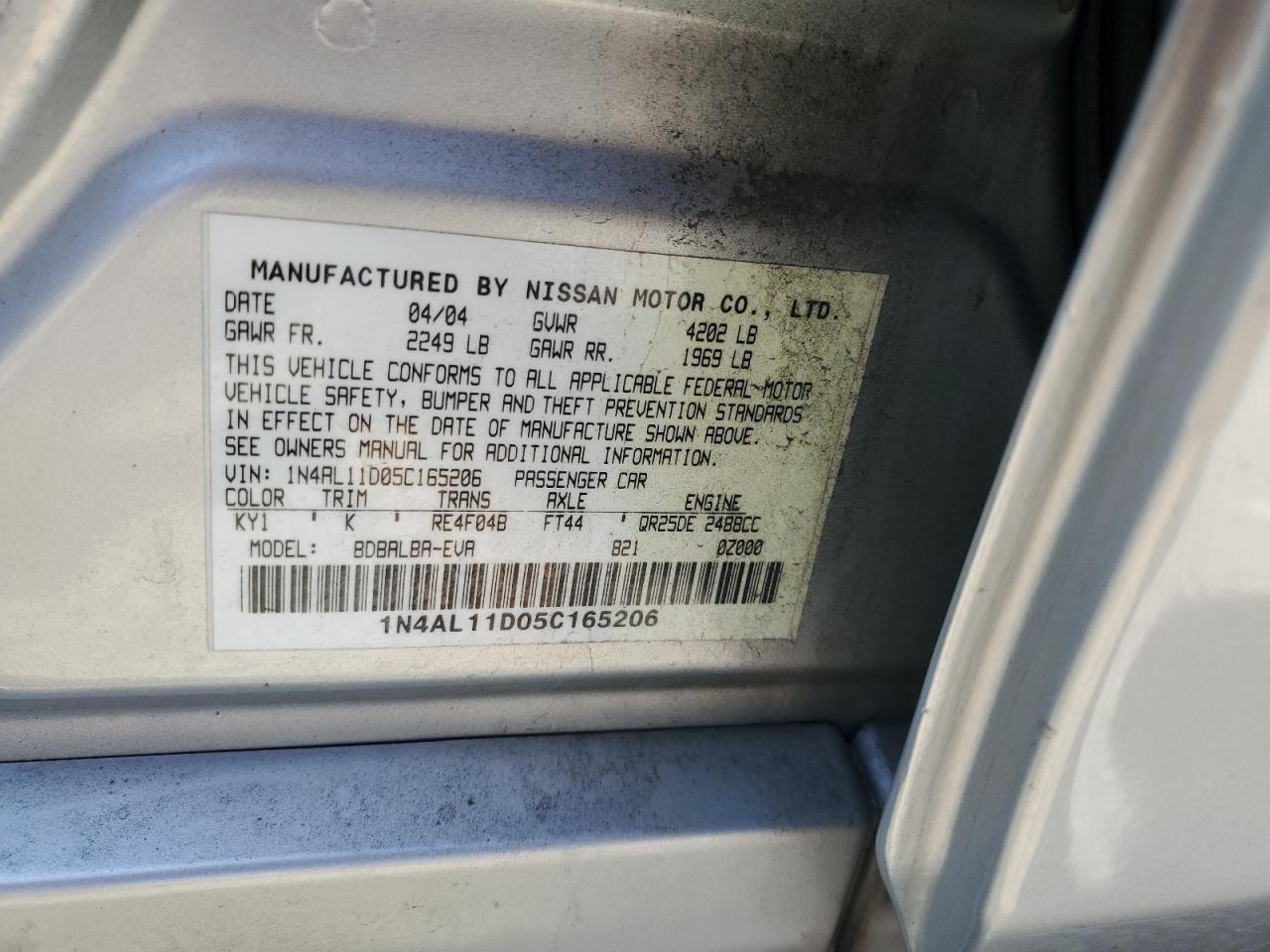 2005 Nissan Altima S VIN: 1N4AL11D05C165206 Lot: 64146945