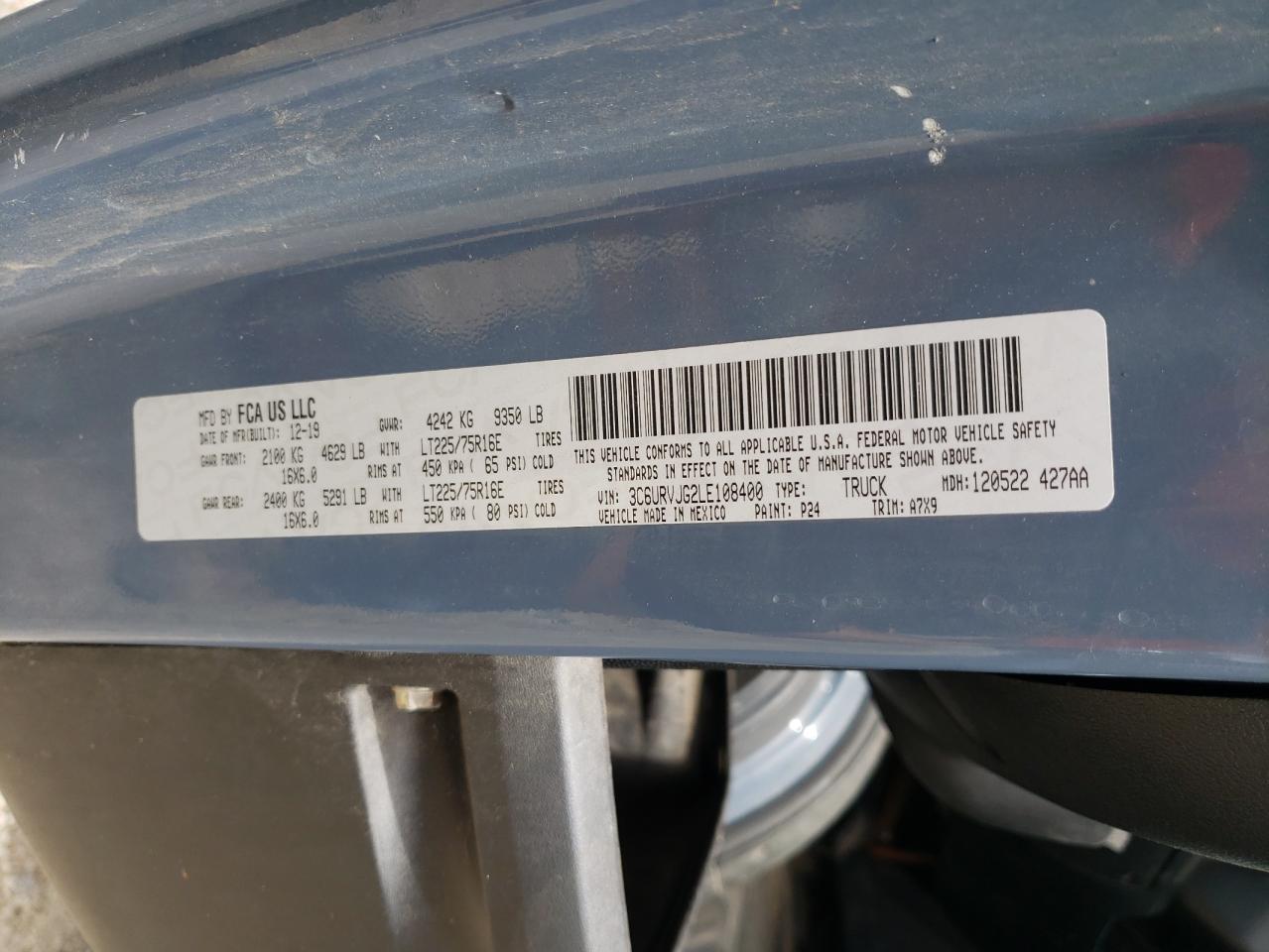 2020 Ram Promaster 3500 3500 High VIN: 3C6URVJG2LE108400 Lot: 64434445