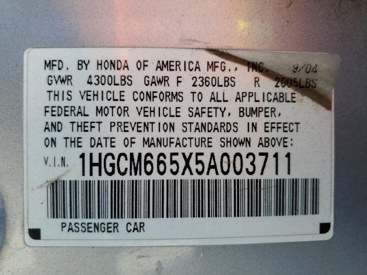 2005 Honda Accord Ex VIN: 1HGCM665X5A003711 Lot: 65360065