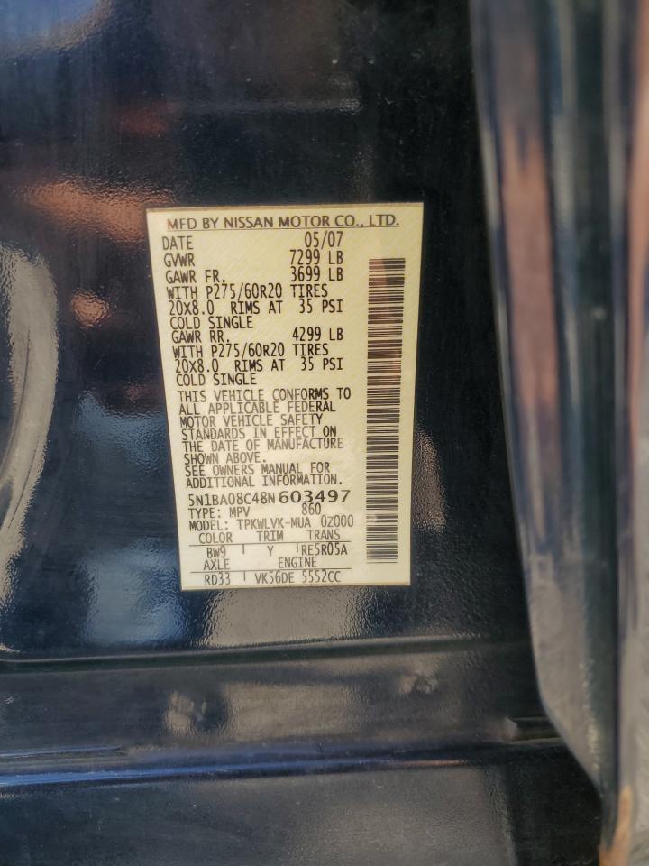 2008 Nissan Armada Se VIN: 5N1BA08C48N603497 Lot: 62663995