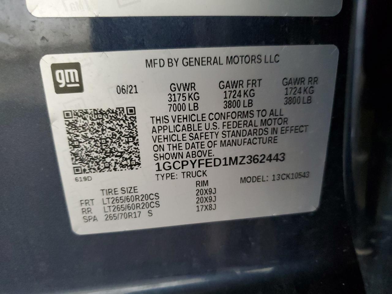 2021 Chevrolet Silverado K1500 Lt Trail Boss VIN: 1GCPYFED1MZ362443 Lot: 64214325