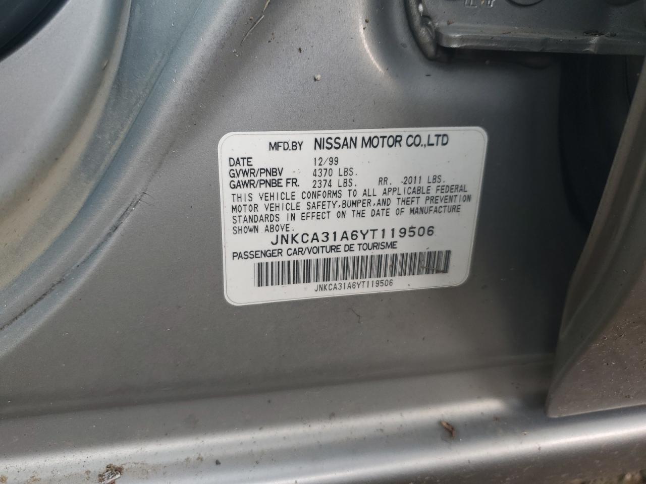 2000 Infiniti I30 VIN: JNKCA31A6YT119506 Lot: 66564765