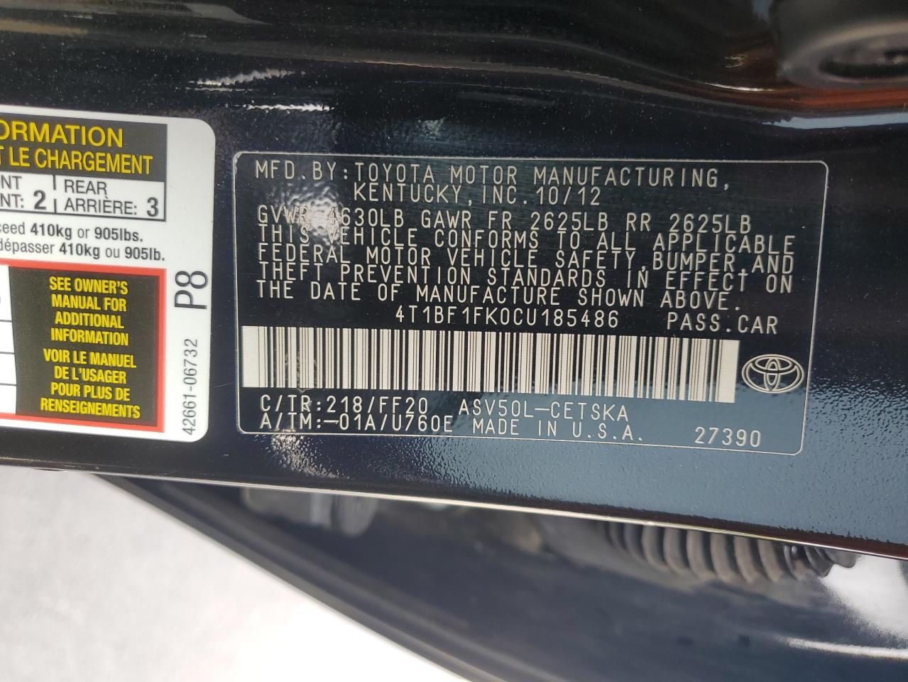 2012 Toyota Camry Base VIN: 4T1BF1FK0CU185486 Lot: 62670945