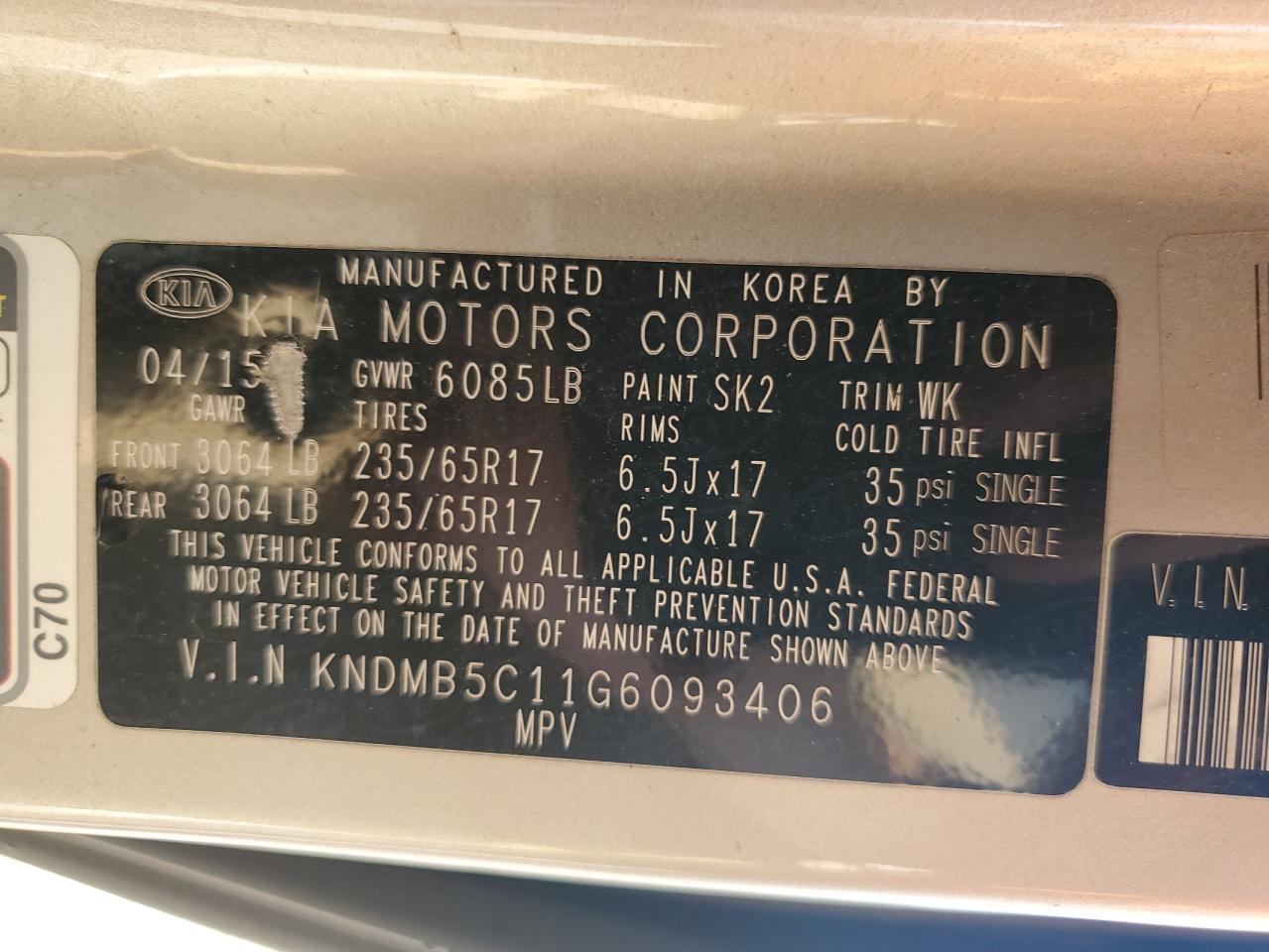 2016 Kia Sedona Lx VIN: KNDMB5C11G6093406 Lot: 64296475