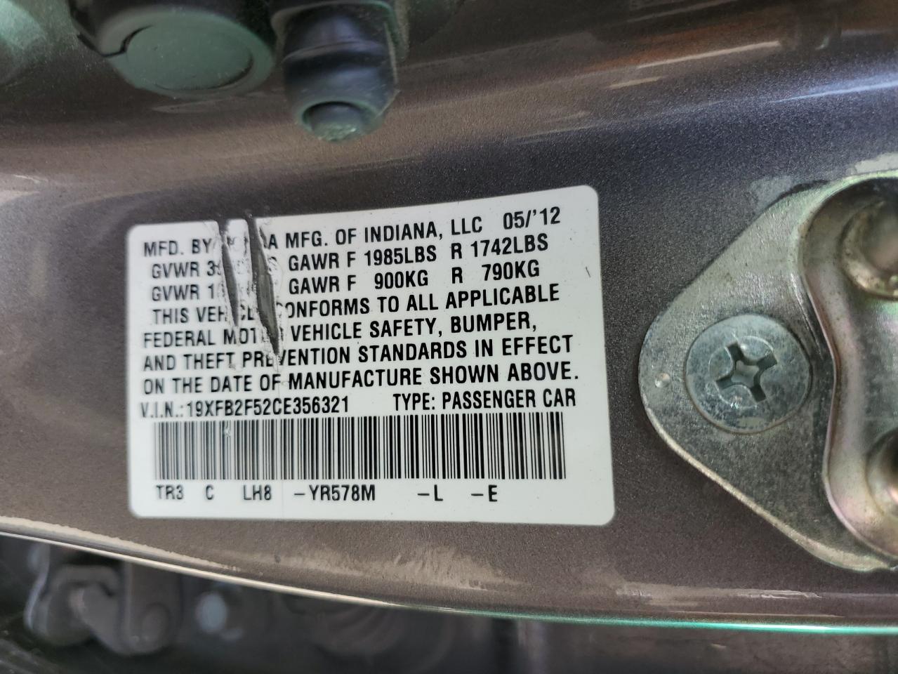 2012 Honda Civic Lx VIN: 19XFB2F52CE356321 Lot: 64515945