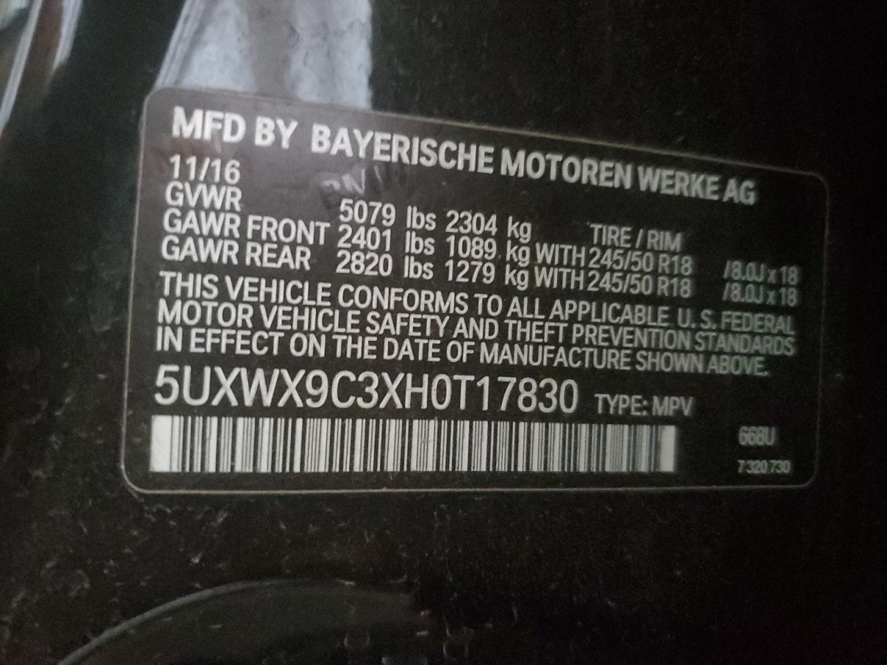 2017 BMW X3 xDrive28I VIN: 5UXWX9C3XH0T17830 Lot: 65999305