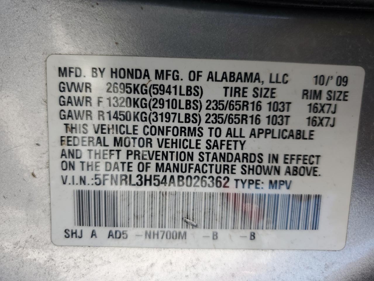 2010 Honda Odyssey Ex VIN: 5FNRL3H54AB026362 Lot: 63020455