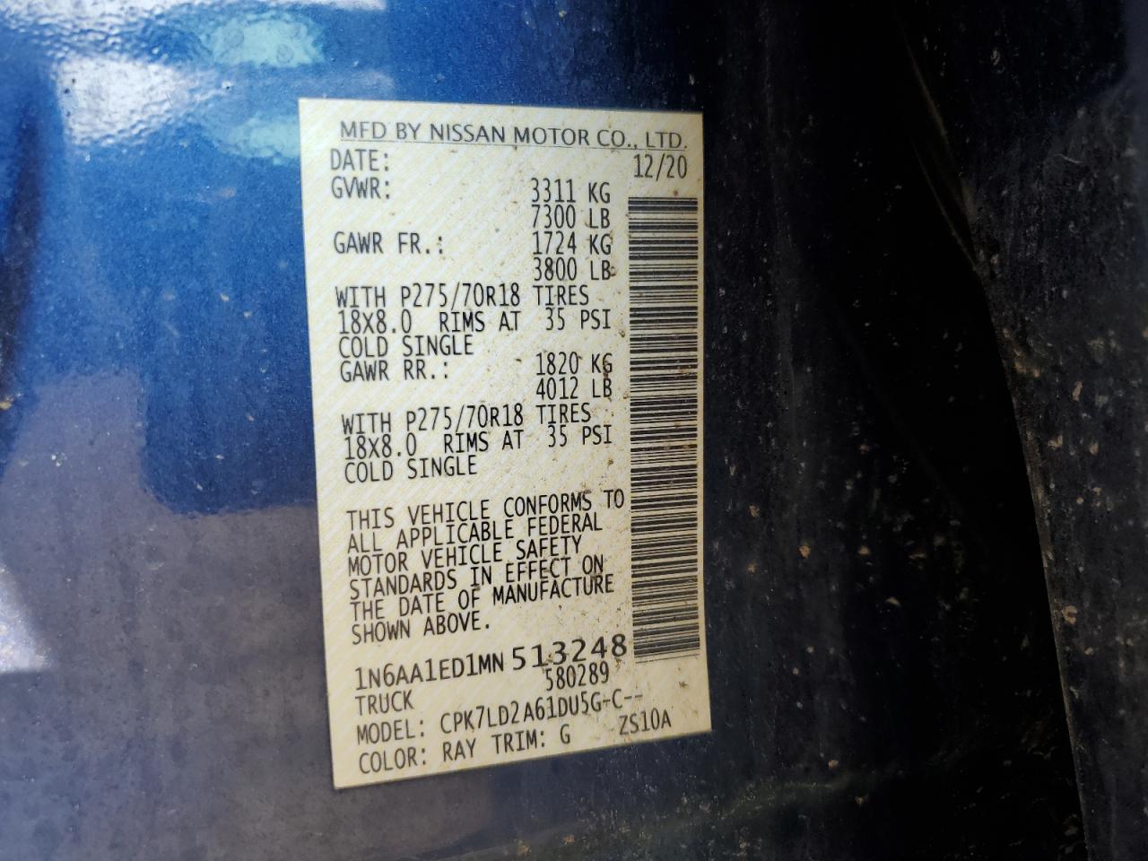 2021 Nissan Titan Sv VIN: 1N6AA1ED1MN513248 Lot: 65779615