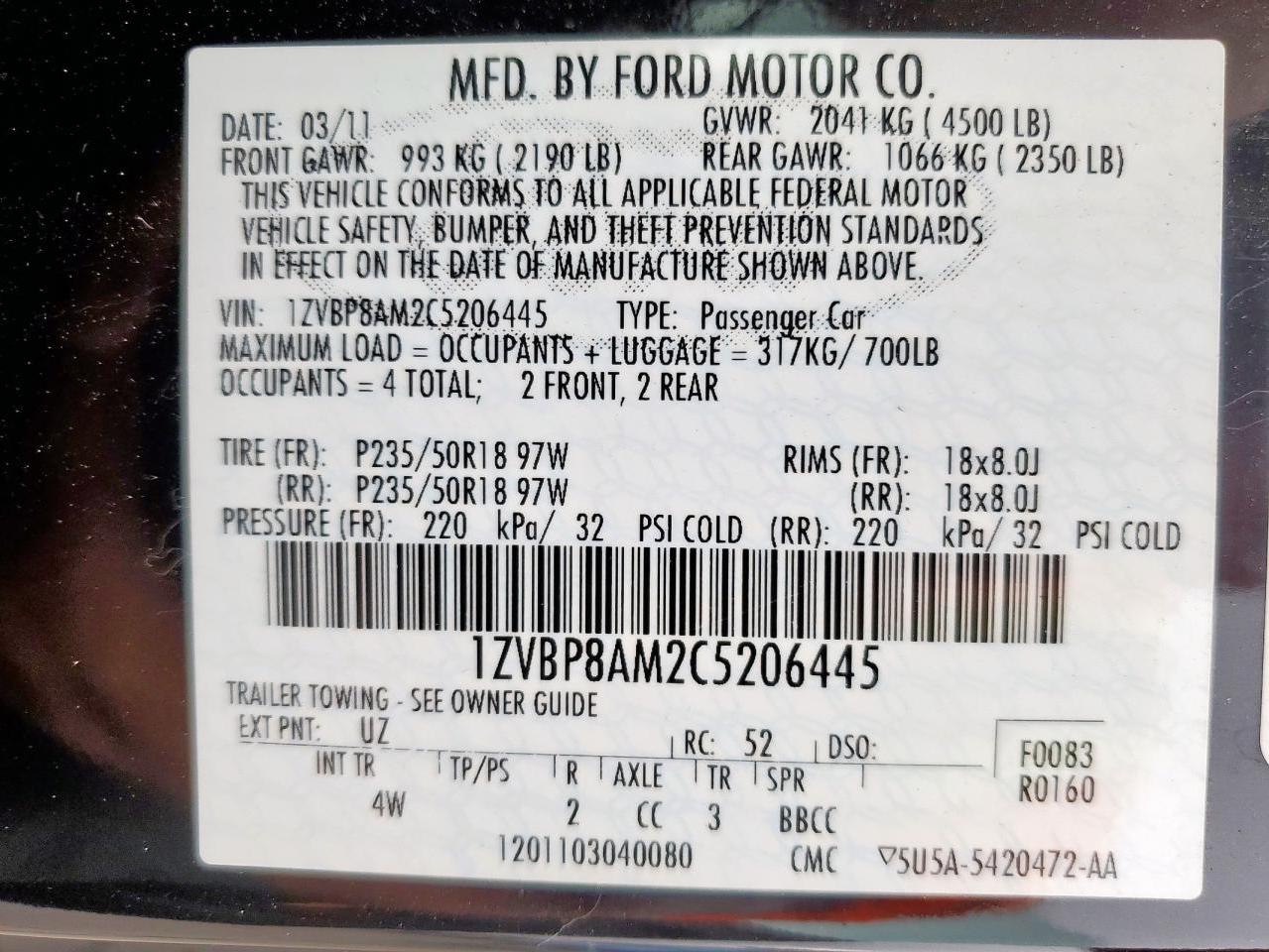 2012 Ford Mustang VIN: 1ZVBP8AM2C5206445 Lot: 63428635
