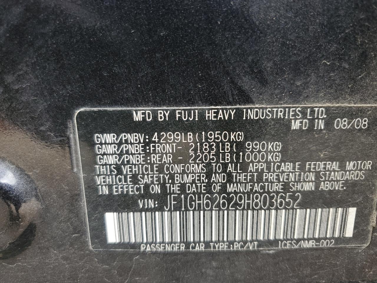 2009 Subaru Impreza 2.5I VIN: JF1GH62629H803652 Lot: 63865015