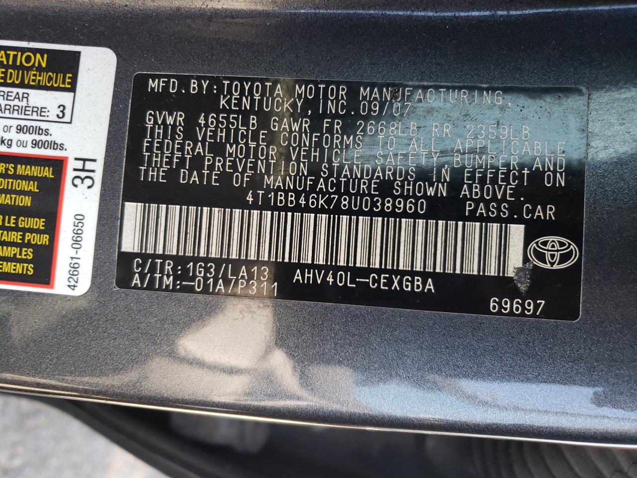 2008 Toyota Camry Hybrid VIN: 4T1BB46K78U038960 Lot: 65247105
