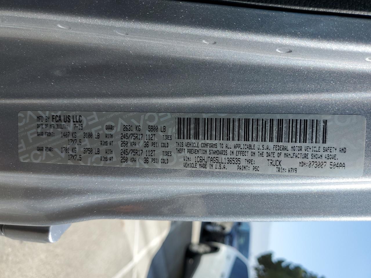 2020 Jeep Gladiator Sport VIN: 1C6HJTAG5LL136535 Lot: 64262675