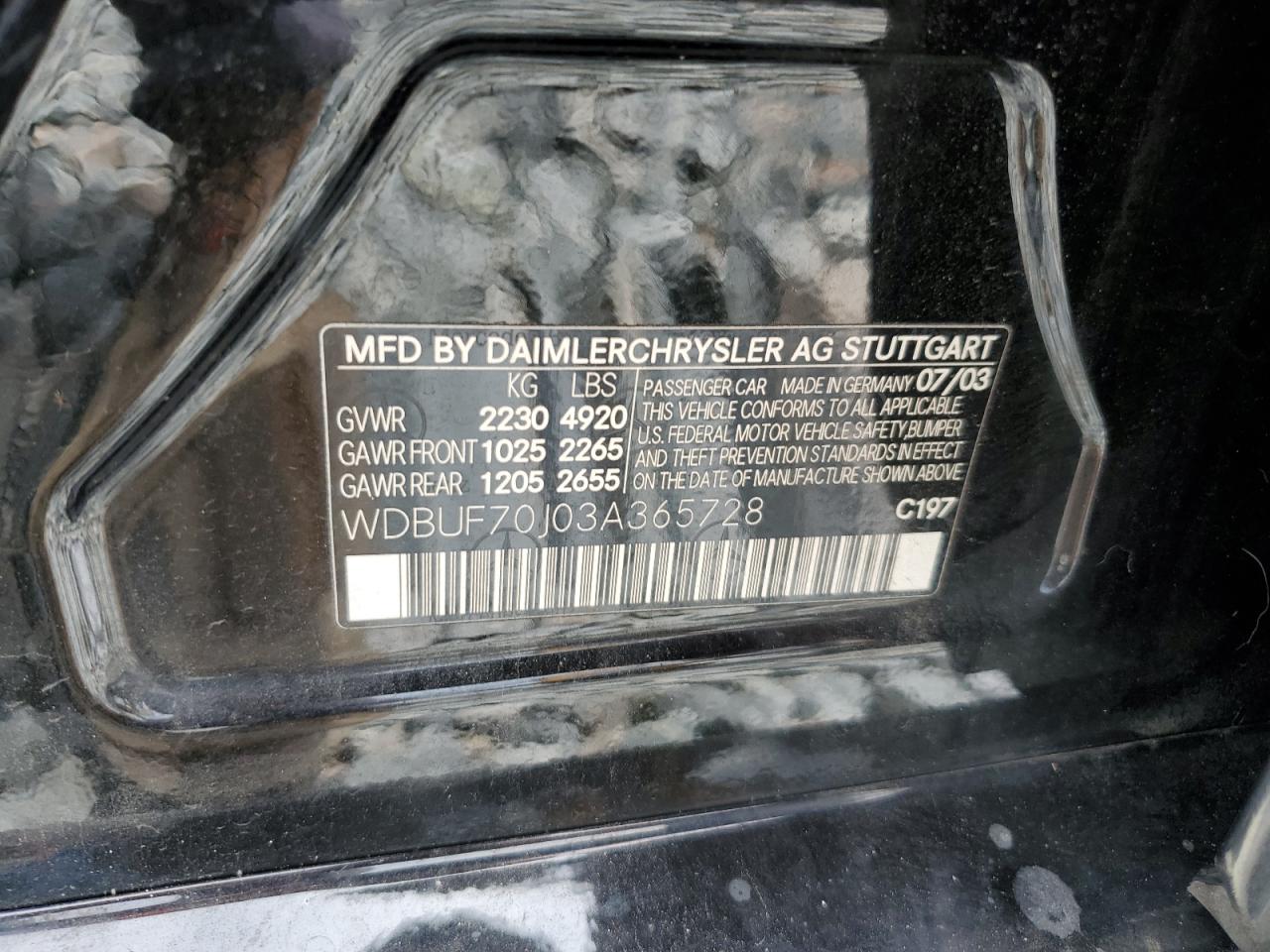 2003 Mercedes-Benz E 500 VIN: WDBUF70J03A365728 Lot: 65093625