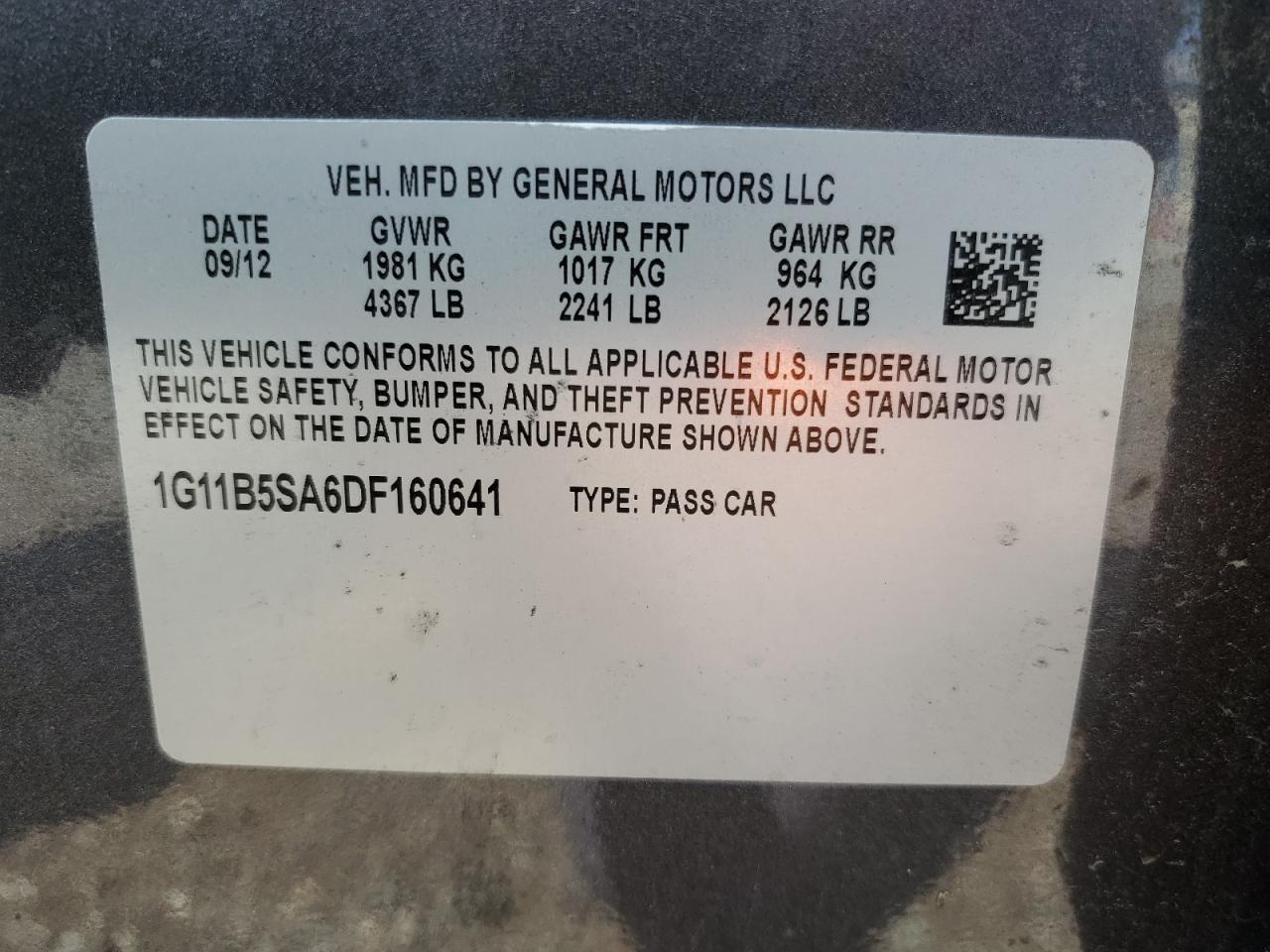 2013 Chevrolet Malibu Ls VIN: 1G11B5SA6DF160641 Lot: 64394515