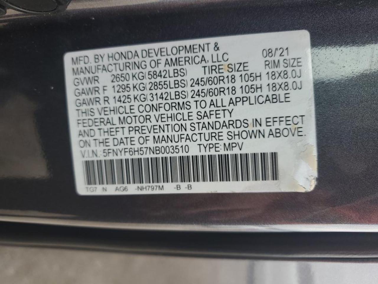 2022 Honda Pilot Exl VIN: 5FNYF6H57NB003510 Lot: 62173115