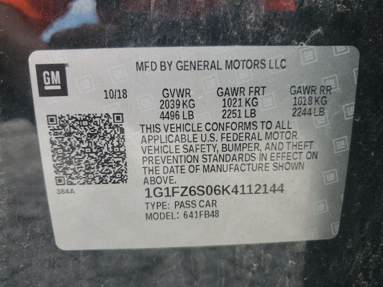 2019 Chevrolet Bolt Ev Premier VIN: 1G1FZ6S06K4112144 Lot: 65546725