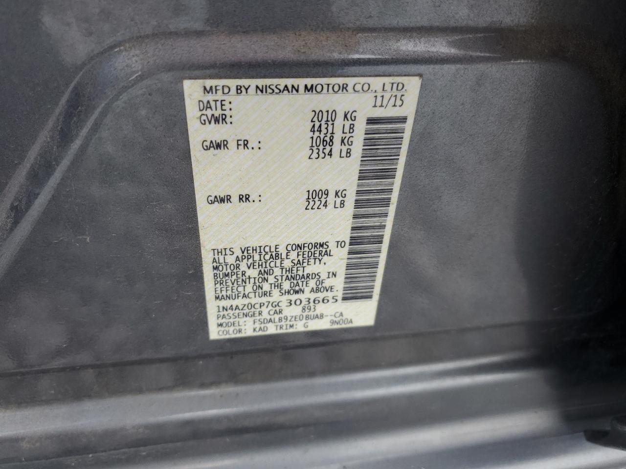 2016 Nissan Leaf S VIN: 1N4AZ0CP7GC303665 Lot: 62163165