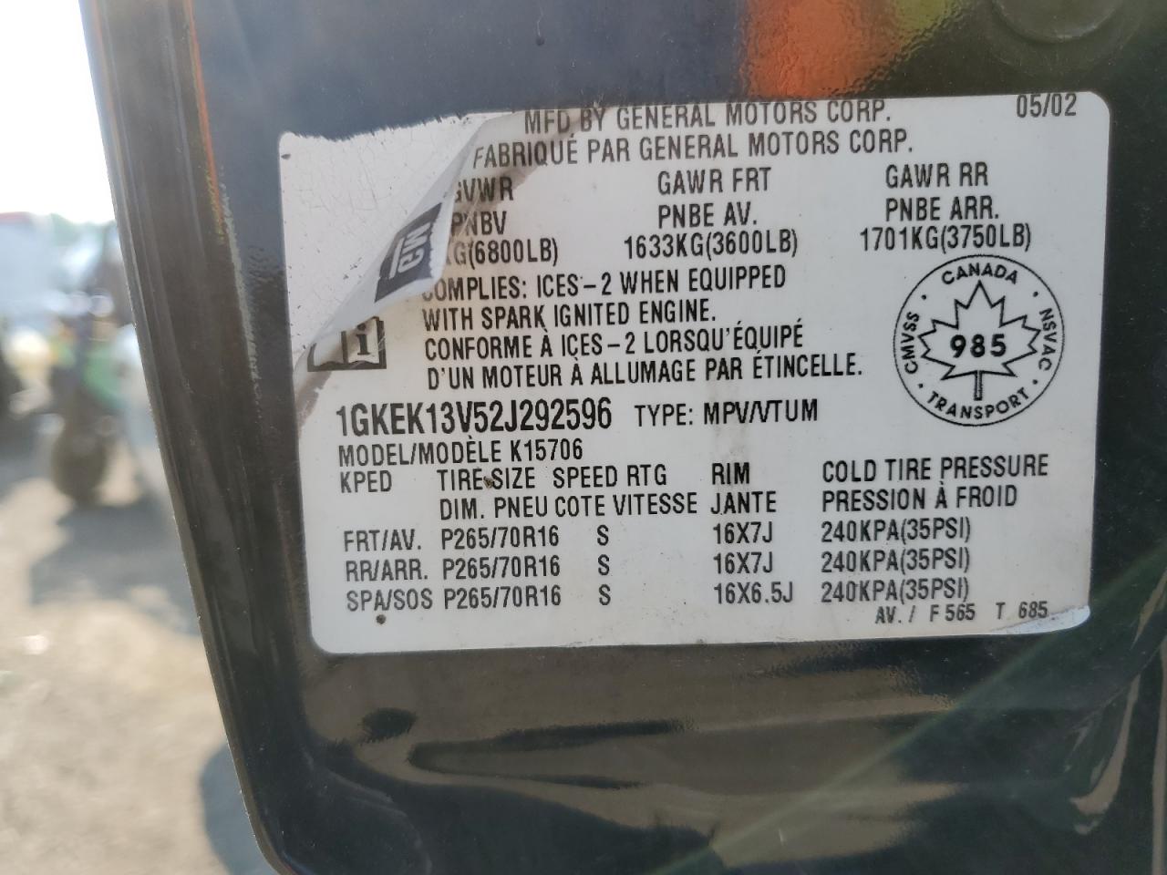 2002 GMC Yukon VIN: 1GKEK13V52J292596 Lot: 64316355