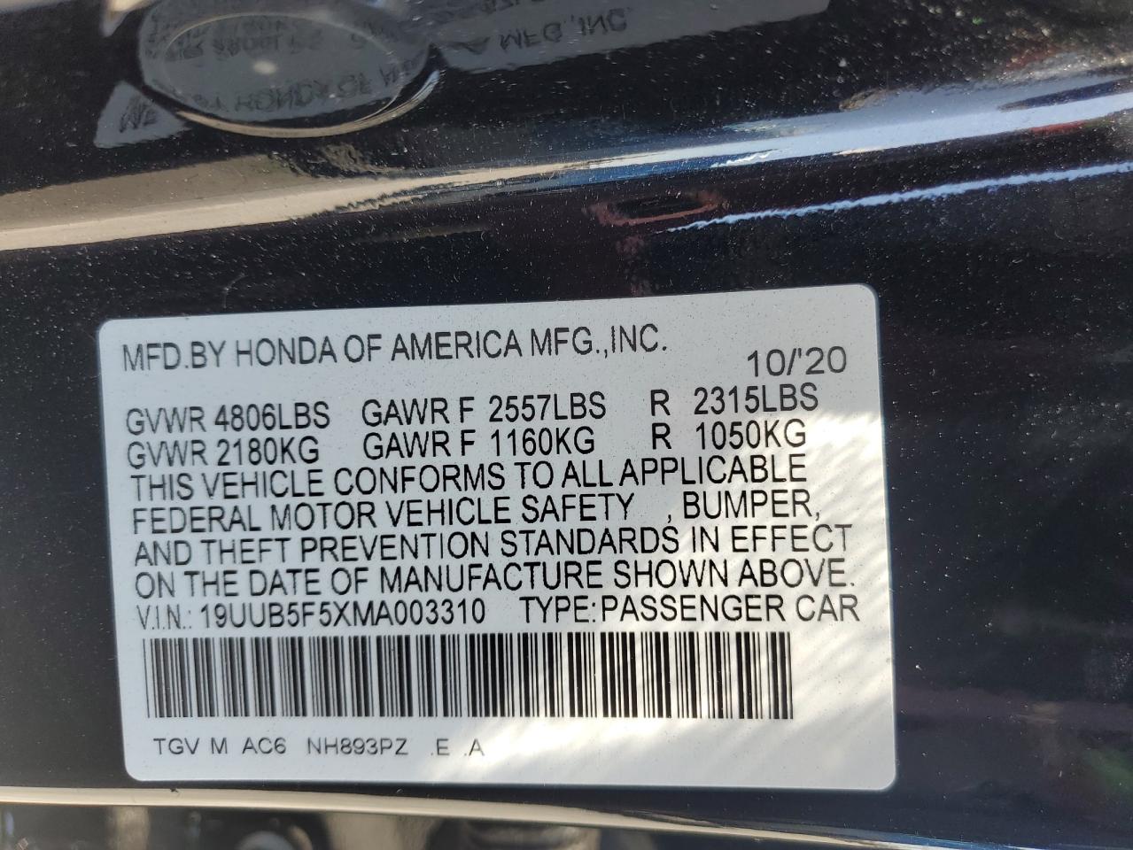 19uub5f5xma003310 19UUB5F5XMA003310 2021 Acura Tlx Tech A