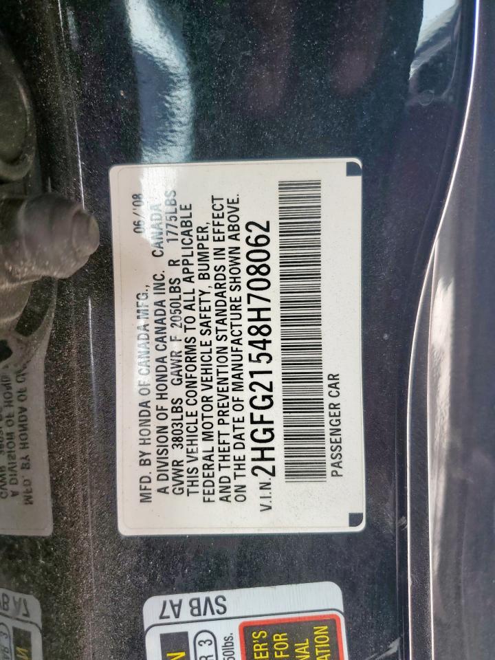 2008 Honda Civic Si VIN: 2HGFG21548H708062 Lot: 65216525