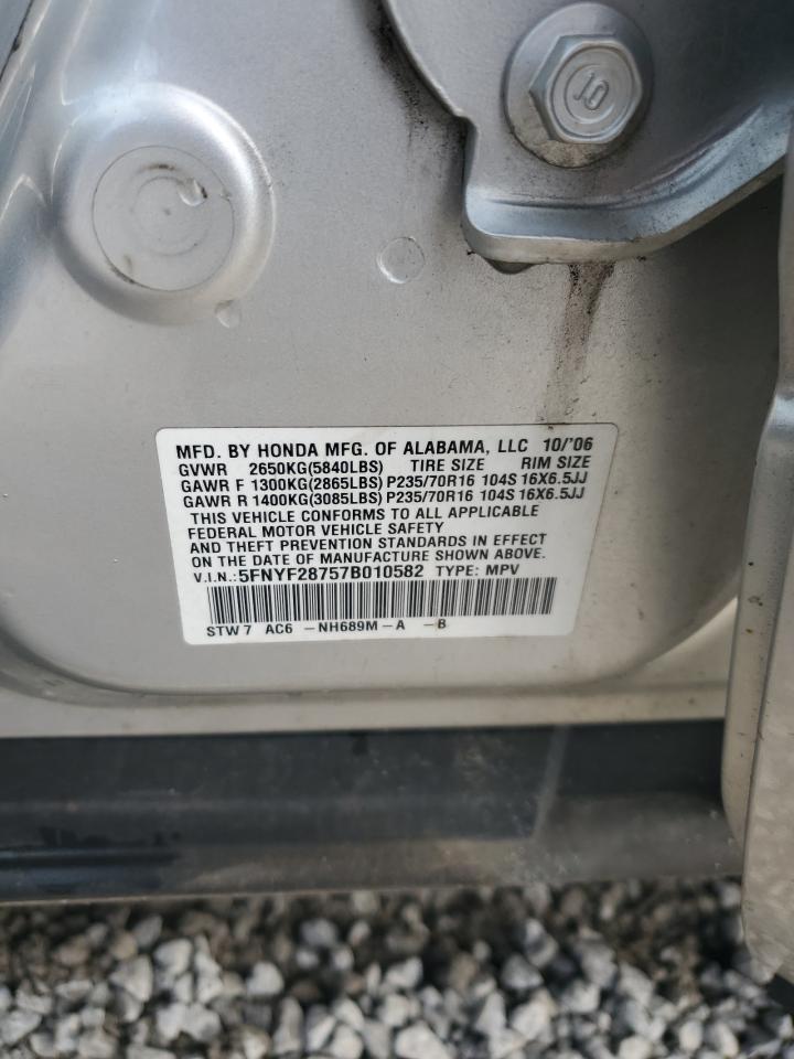 2007 Honda Pilot Exl VIN: 5FNYF28757B010582 Lot: 65172625