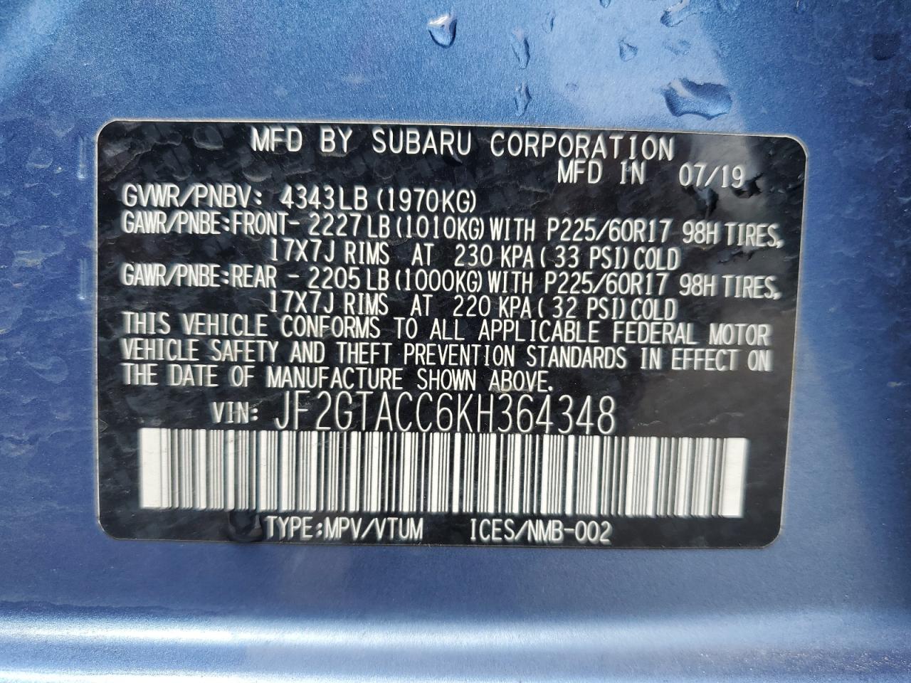 2019 Subaru Crosstrek Premium VIN: JF2GTACC6KH364348 Lot: 66202325